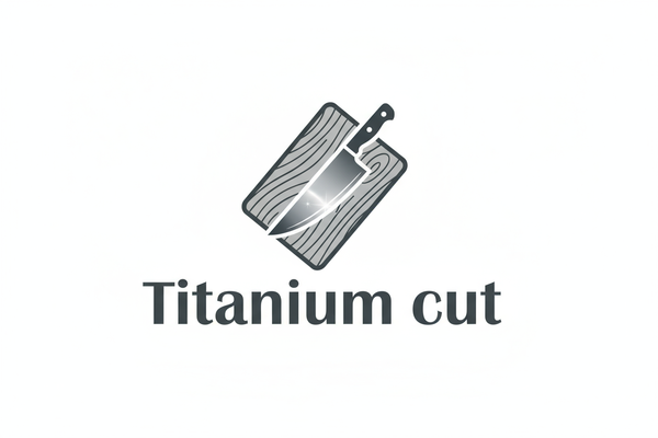 Logotipo de uma tábua de cortar carne e uma faca com letras em baixo a dizer Titanium cut